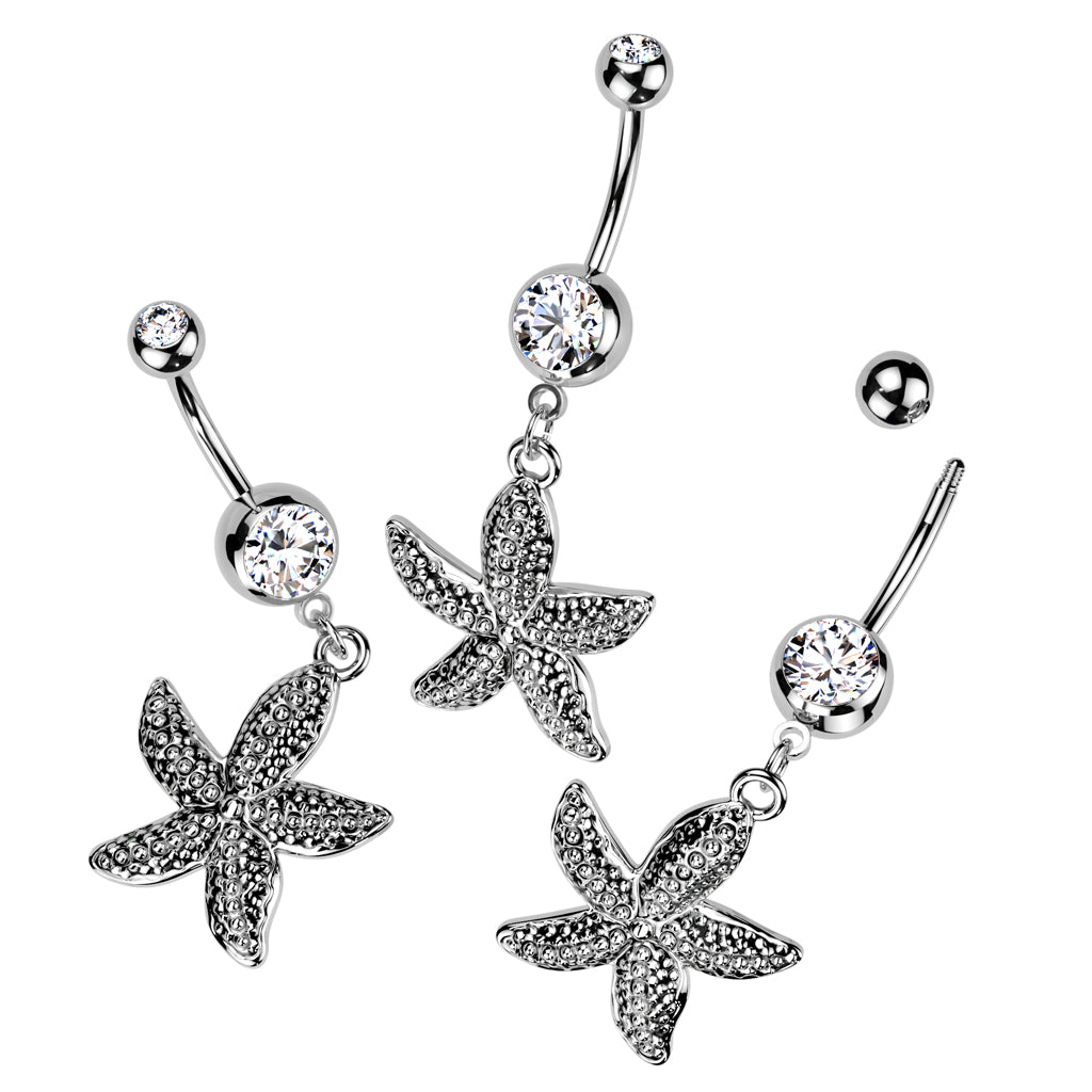 CRYSTAL STAR FISH DANGLY CHARM BELLY BAR - 10MM - 14 GAUGE