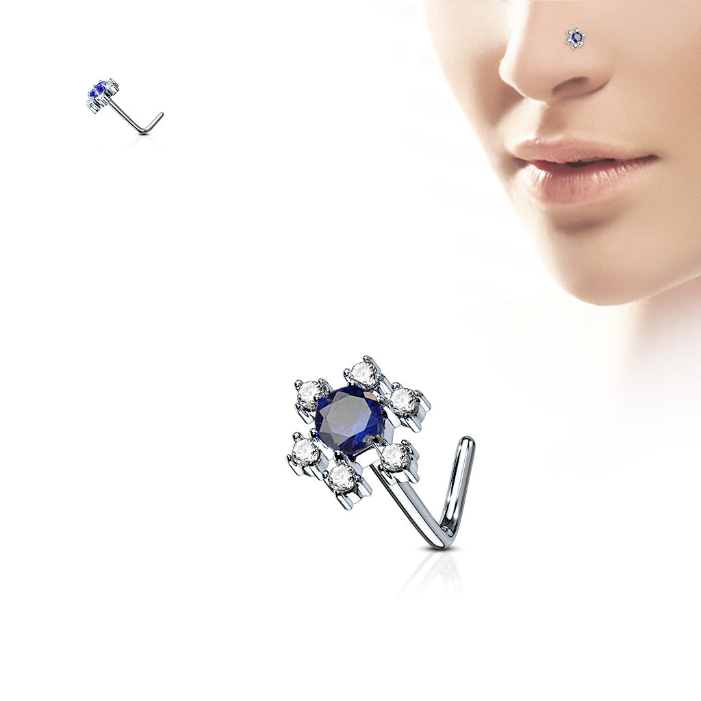 SAPPHIRE BLUE CRYSTAL FLOWER L BEND NOSE STUD - 20 GAUGE - 6MM