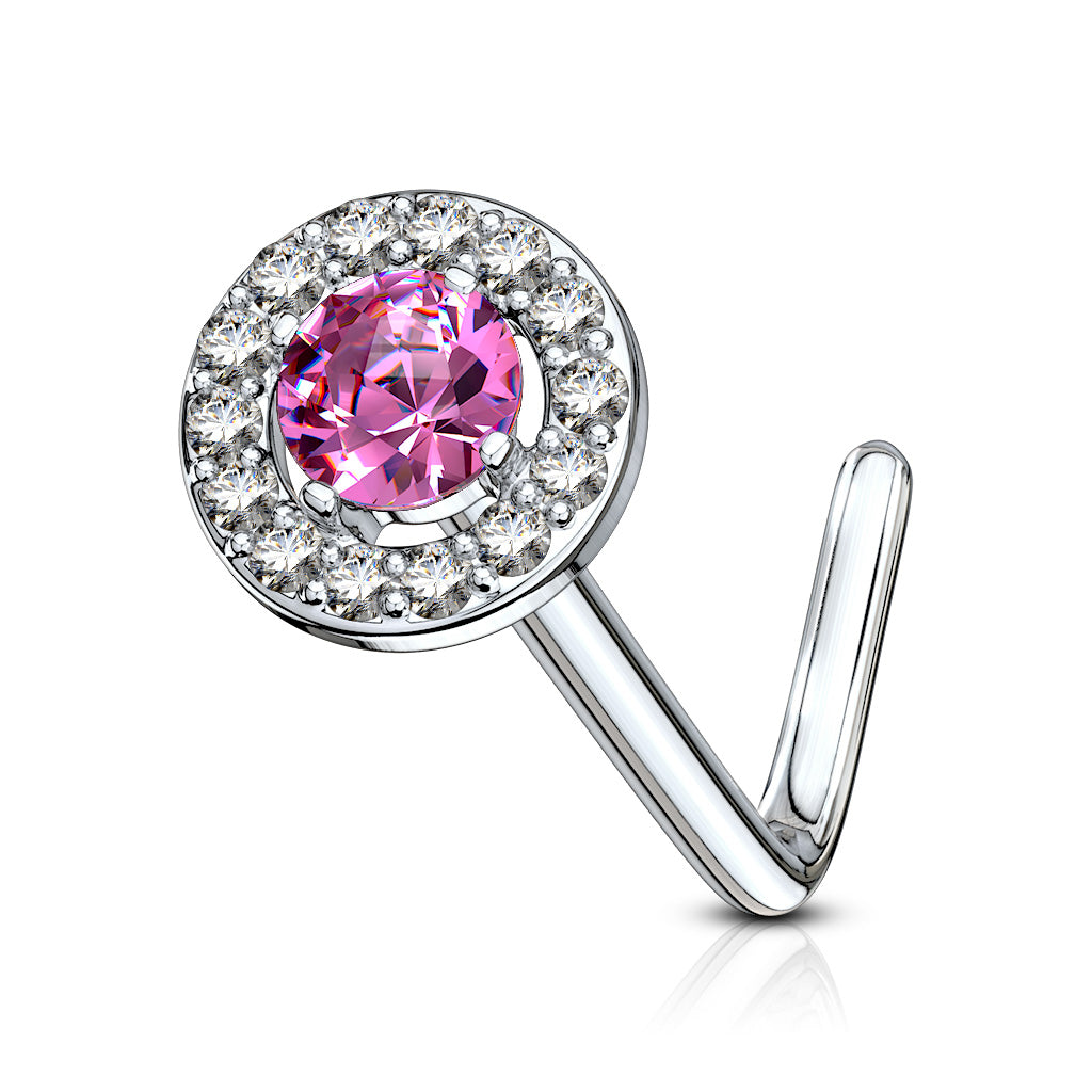 PINK CIRCLE CRYSTAL L BEND NOSE STUD - 20 GAUGE - 6MM