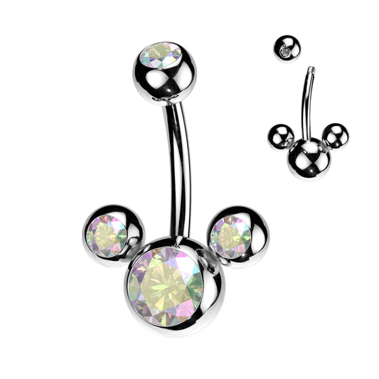 SILVER TRIPLE JEWELLED AURORA  CRYSTAL BELLY BAR - 14 GAUGE - 10MM
