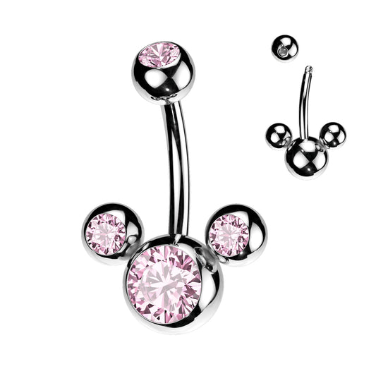 SILVER TRIPLE JEWELLED PINK CRYSTAL BELLY BAR - 14 GAUGE - 10MM