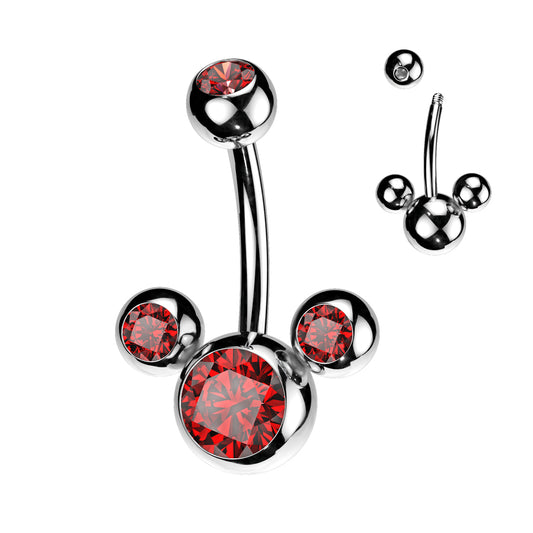 SILVER TRIPLE JEWELLED RED CRYSTAL BELLY BAR - 14 GAUGE - 10MM