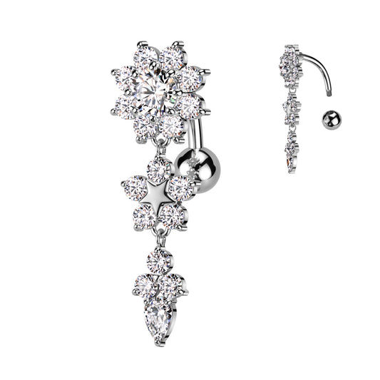 CRYSTAL FLOWER DANGLE REVERSE BELLY BAR - 10MM