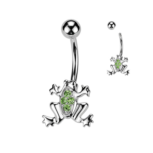 GREEN CRYSTAL JEWELLED CUTE FROG BELLY BAR - 10MM - 14 GAUGE