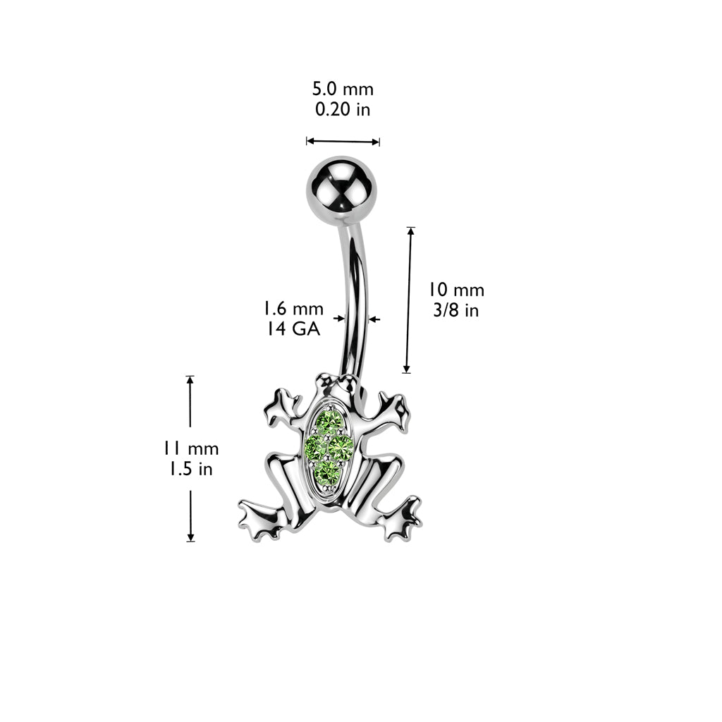 GREEN CRYSTAL JEWELLED CUTE FROG BELLY BAR - 10MM - 14 GAUGE