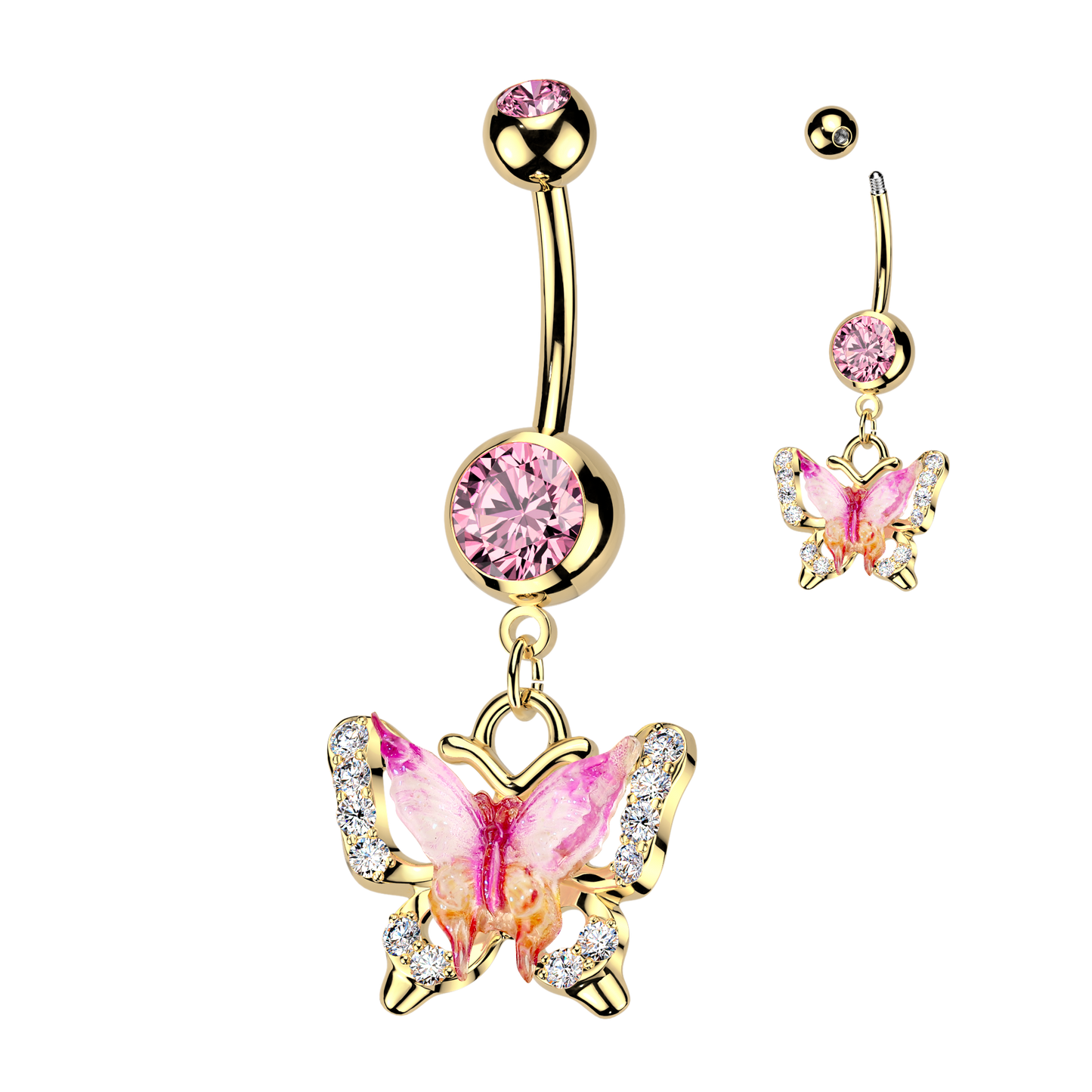 GOLD & PINK JEWELLED CRYSTAL BUTTERFLY BELLY BAR - 14 GAUGE- 10MM