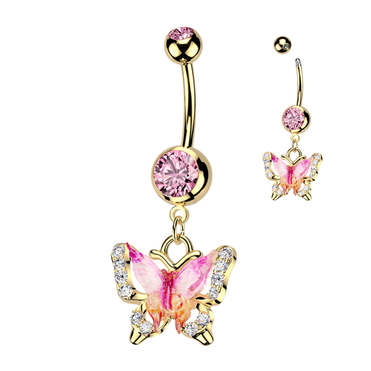 GOLD & PINK JEWELLED CRYSTAL BUTTERFLY BELLY BAR - 14 GAUGE- 10MM