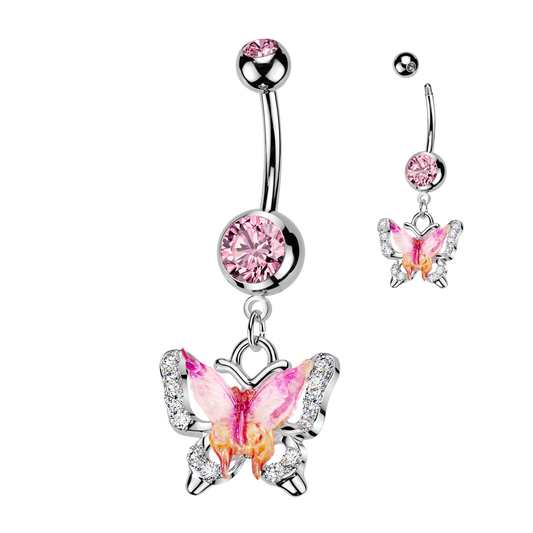 SILVER & PINK JEWELLED CRYSTAL BUTTERFLY BELLY BAR - 14 GAUGE- 10MM