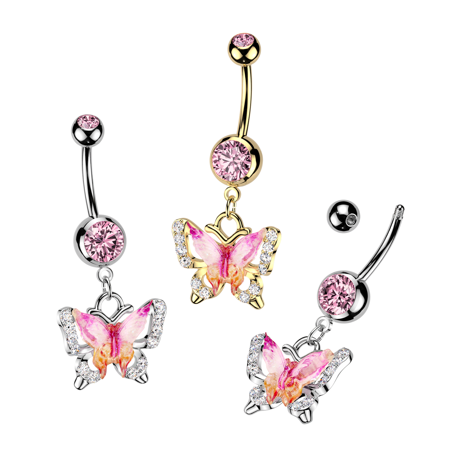 GOLD & PINK JEWELLED CRYSTAL BUTTERFLY BELLY BAR - 14 GAUGE- 10MM