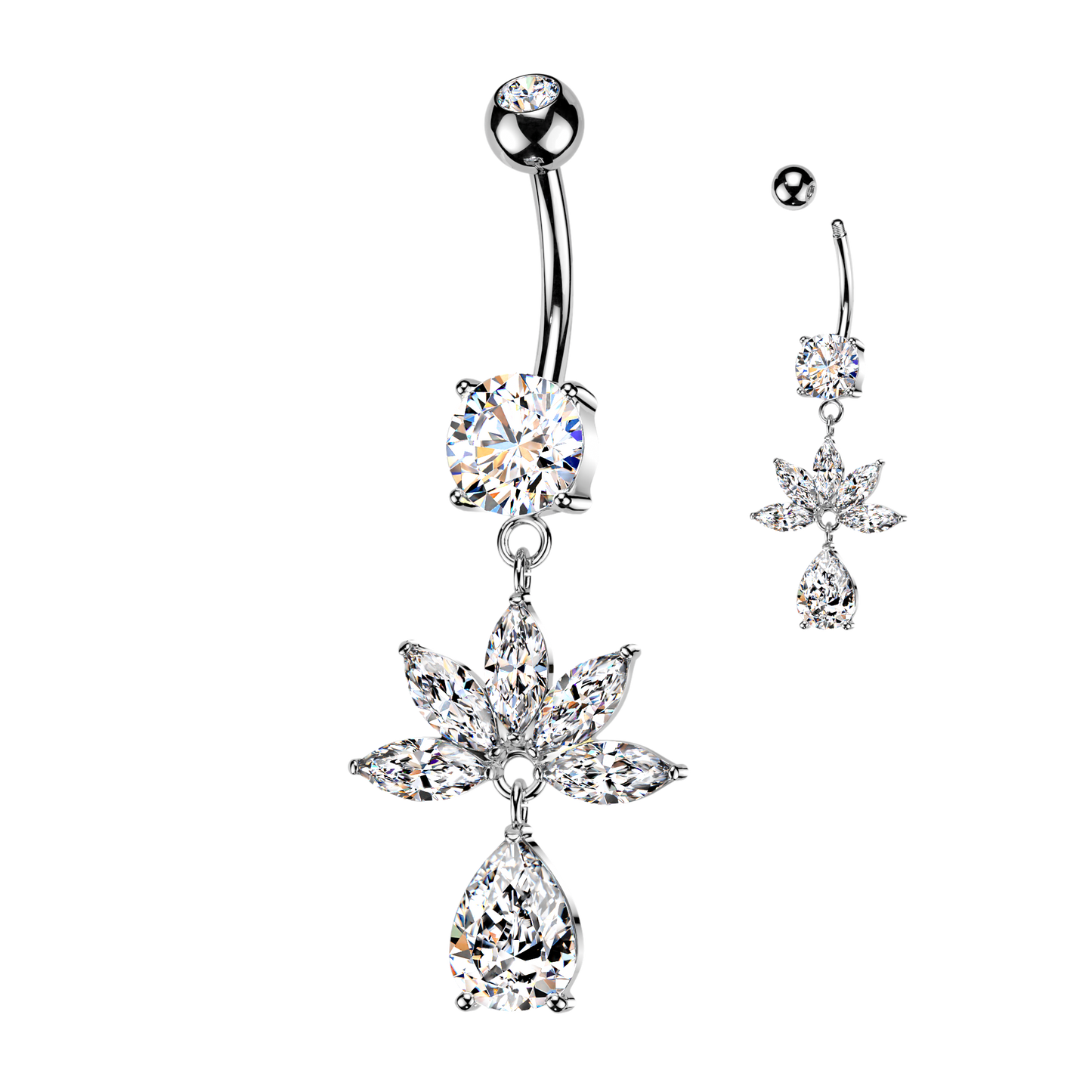 SILVER DANGLY CRYSTAL MARQUISE CHARM BELLY BAR - 14 GAUGE - 10MM