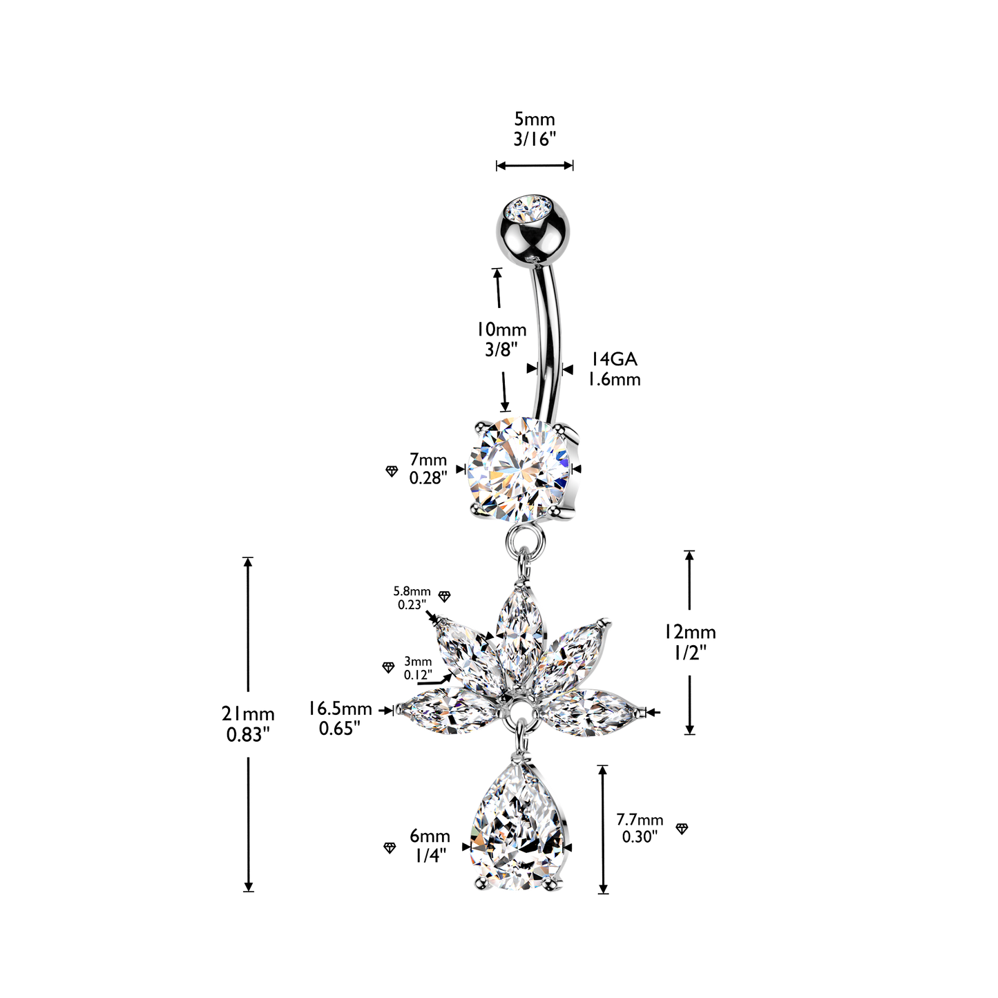 SILVER DANGLY CRYSTAL MARQUISE CHARM BELLY BAR - 14 GAUGE - 10MM