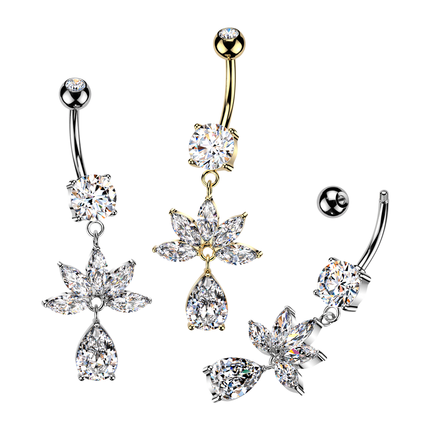 SILVER DANGLY CRYSTAL MARQUISE CHARM BELLY BAR - 14 GAUGE - 10MM