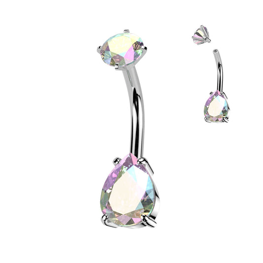 DOUBLE CRYSTAL TEARDROP BELLY BAR - 10MM - 14 GAUGE