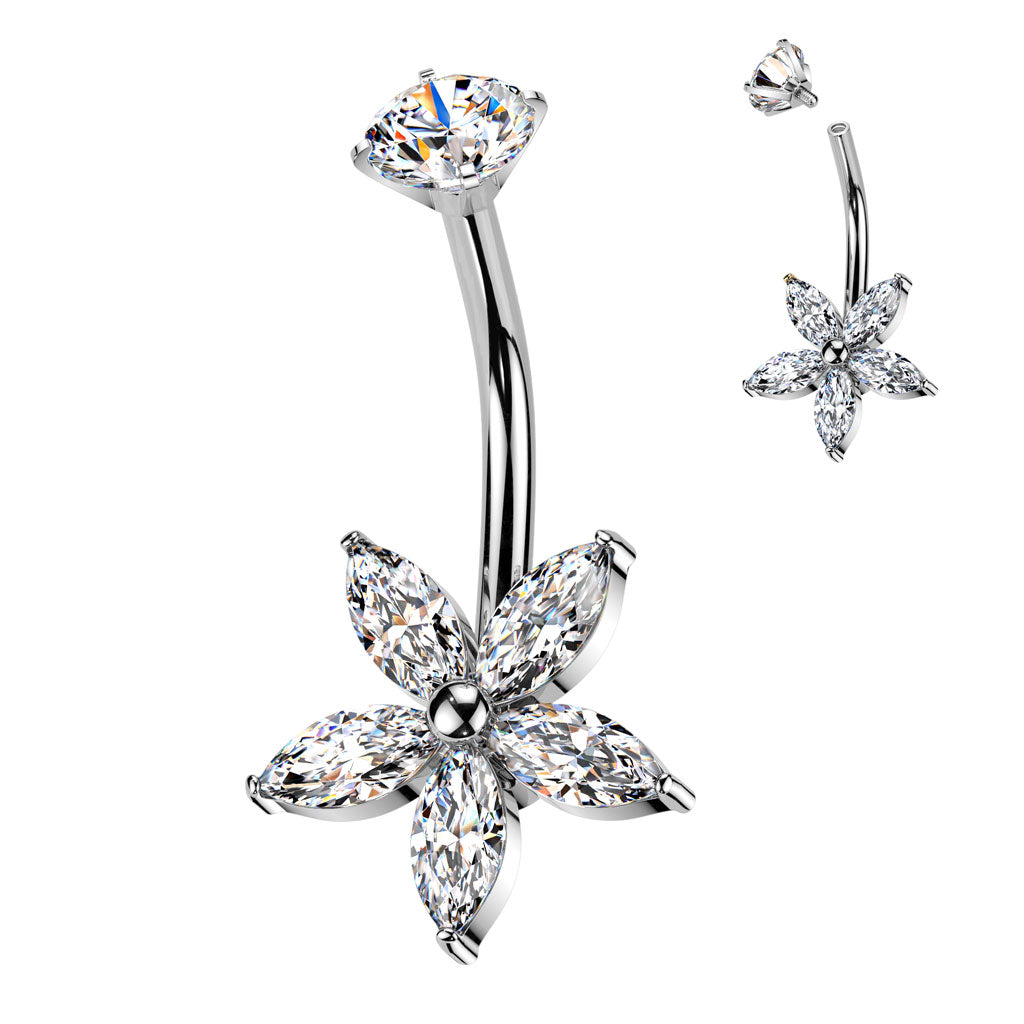 CRYSTAL FLOWER BELLY BAR - 14 GAUGE - 10MM