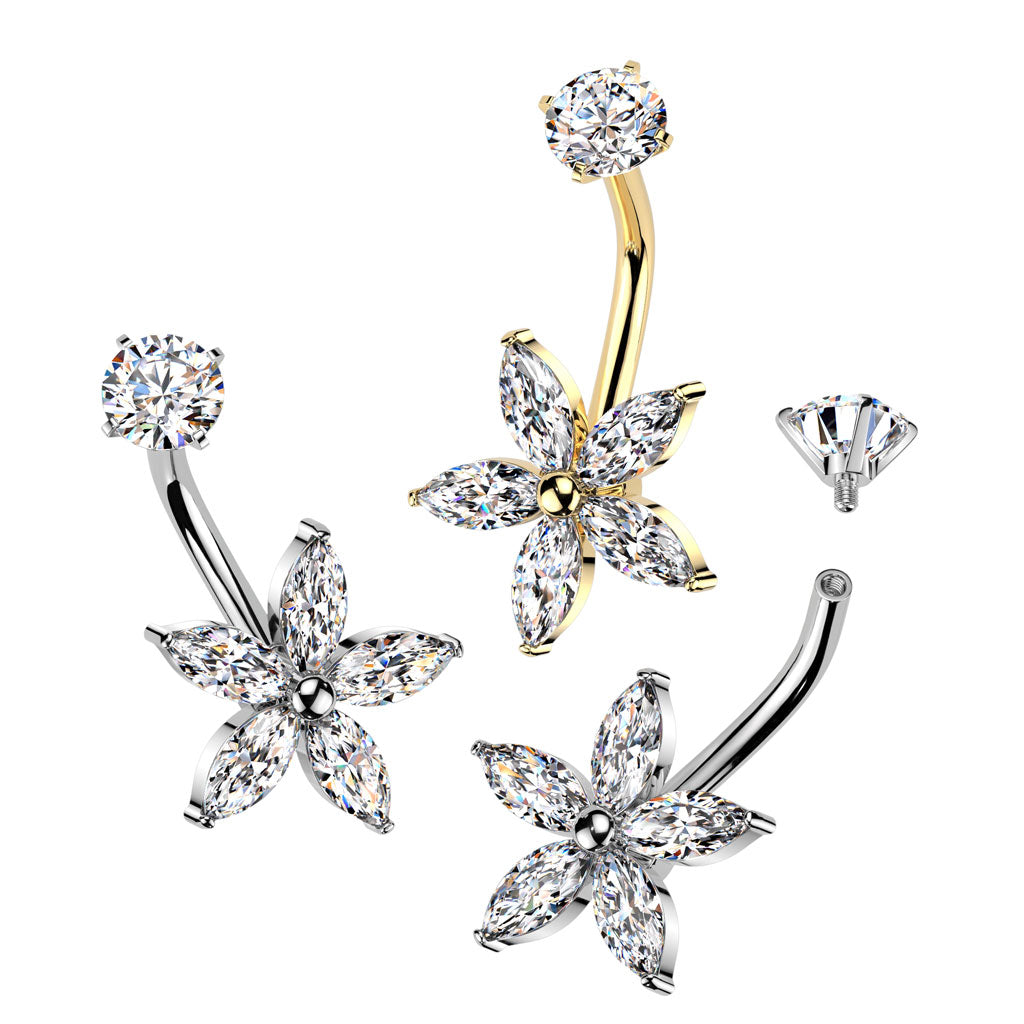 CRYSTAL FLOWER BELLY BAR - 14 GAUGE - 10MM