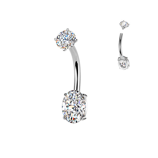 SILVER OVAL CRYSTAL BELLY BAR - 10MM - 14 GAUGE