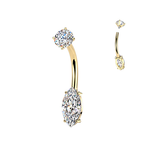 GOLD CRYSTAL MARQUISE BELLY BAR - 14 GAUGE - 10MM