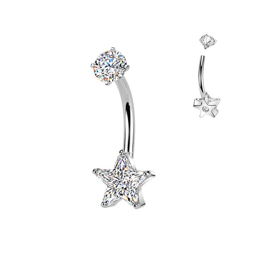 SILVER CRYSTAL STAR BELLY BAR - 10MM - 14 GAUGE