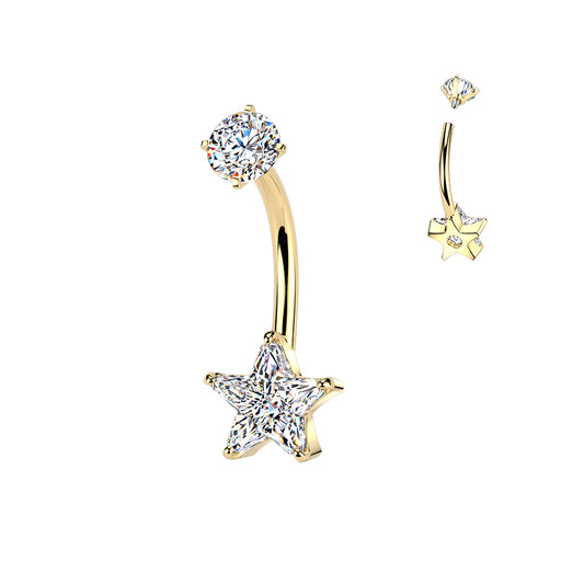 GOLD CRYSTAL STAR BELLY BAR - 14 GAUGE - 10MM