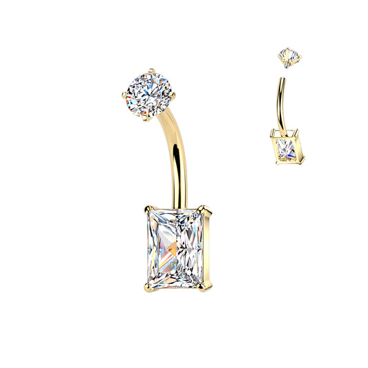GOLD STATEMENT CRYSTAL BAGUETTE BELLY BAR - 10MM - 14 GAUGE