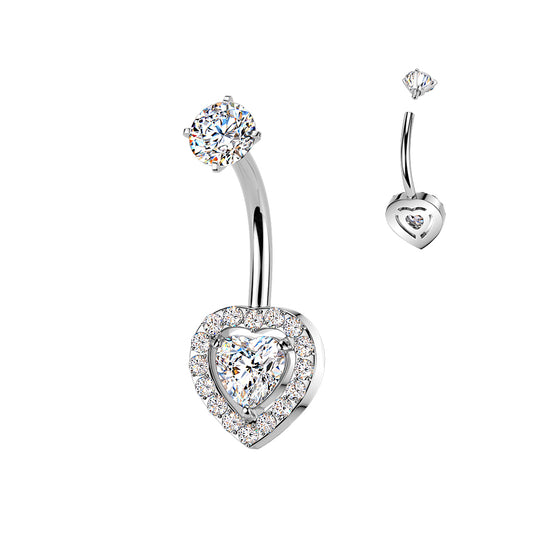 SILVER LOVE HEART CRYSTAL LINED BELLY BAR - 10MM - 14 GAUGE