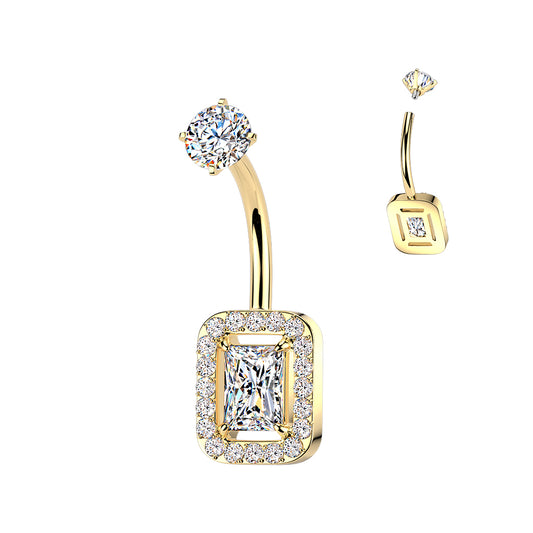 GOLD CRYSTAL LINED SQUARE CRYSTAL BELLY BAR - 10MM - 14 GAUGE