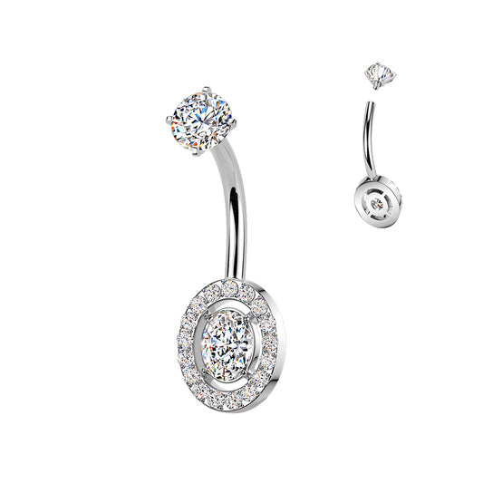 SILVER CRYSTAL LINED OVAL BELLY BAR - 10MM - 14 GAUGE