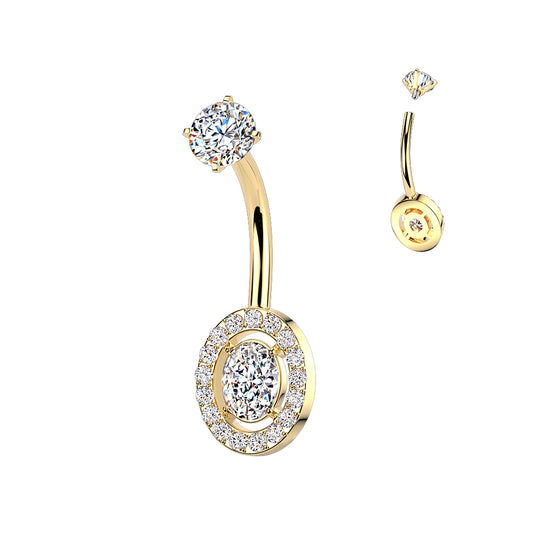 GOLD CRYSTAL LINED OVAL BELLY BAR - 10MM - 14 GAUGE