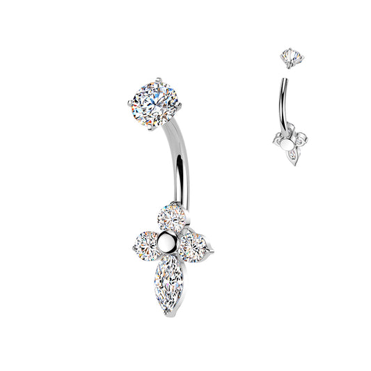 SILVER CRYSTAL CLOVER BELLY BAR - 14 GAUGE - 14MM