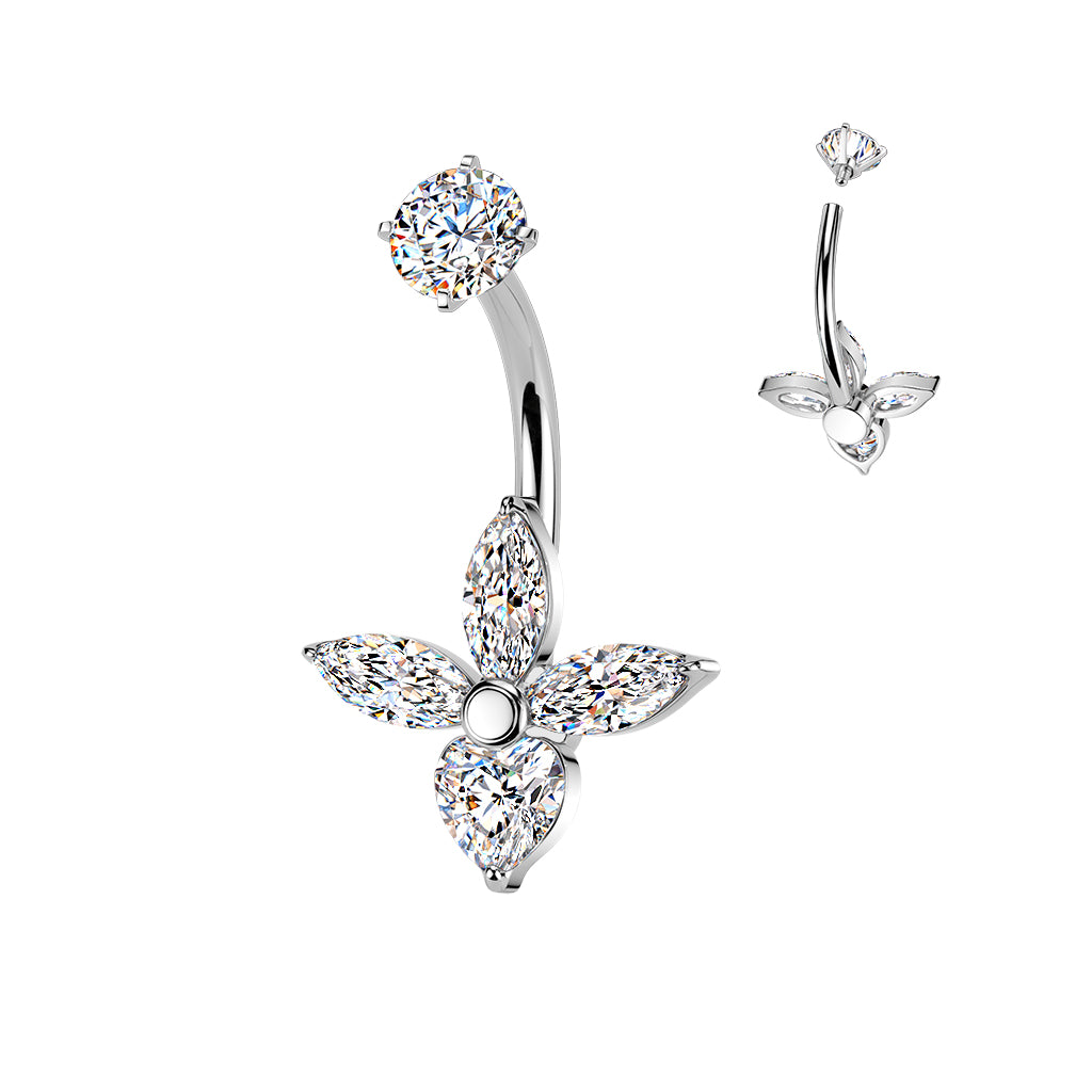 SILVER MARQUISE & CRYSTAL HEART BELLY BAR - 14 GAUGE - 14MM
