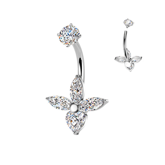 SILVER MARQUISE & CRYSTAL HEART BELLY BAR - 14 GAUGE - 14MM