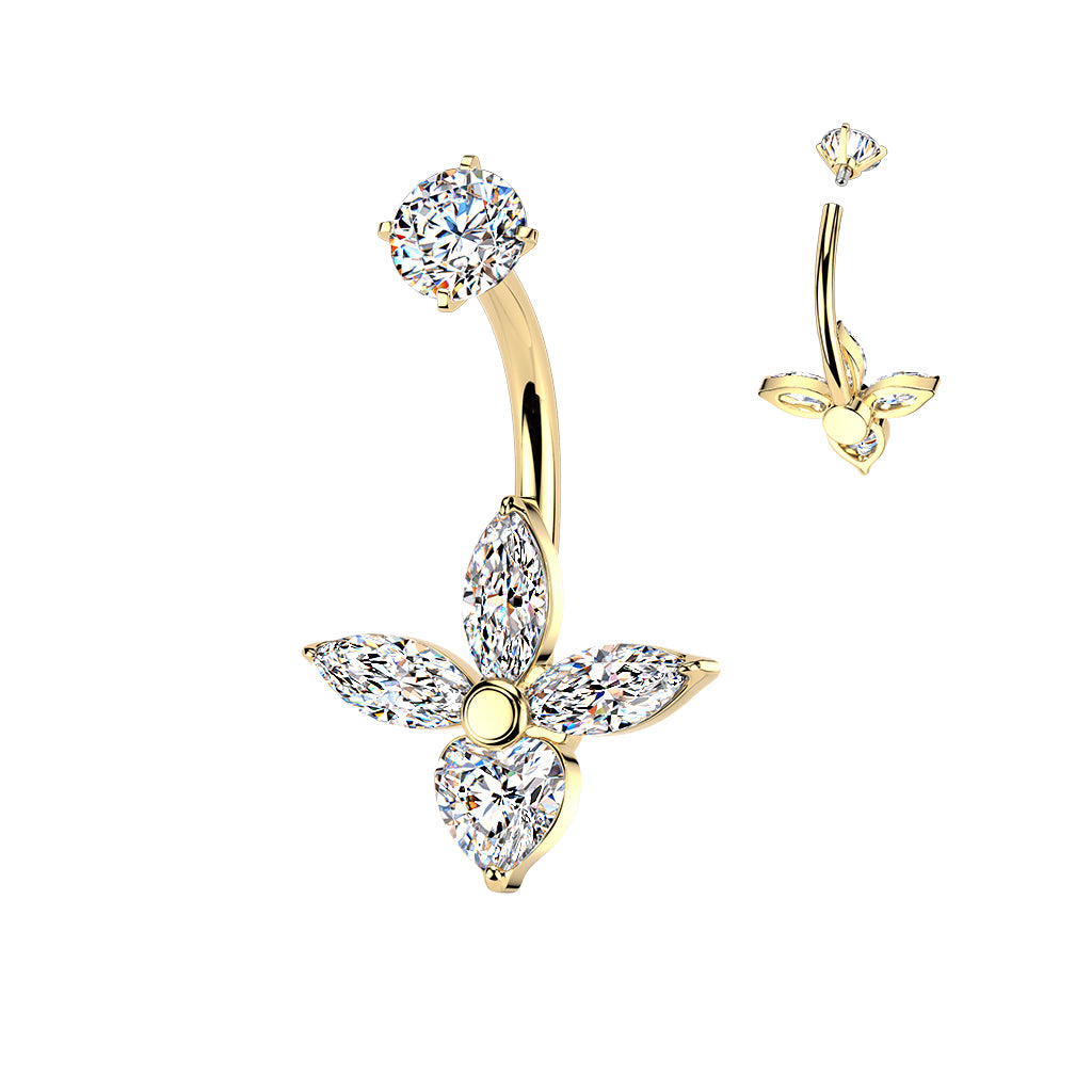 GOLD MARQUISE & CRYSTAL HEART BELLY BAR - 14 GAUGE - 14MM