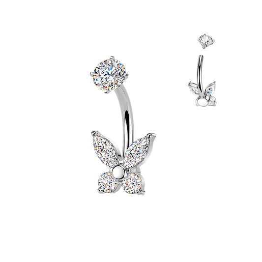 SILVER CRYSTAL BUTTERFLY  BELLY BAR - 14 GAUGE - 14MM