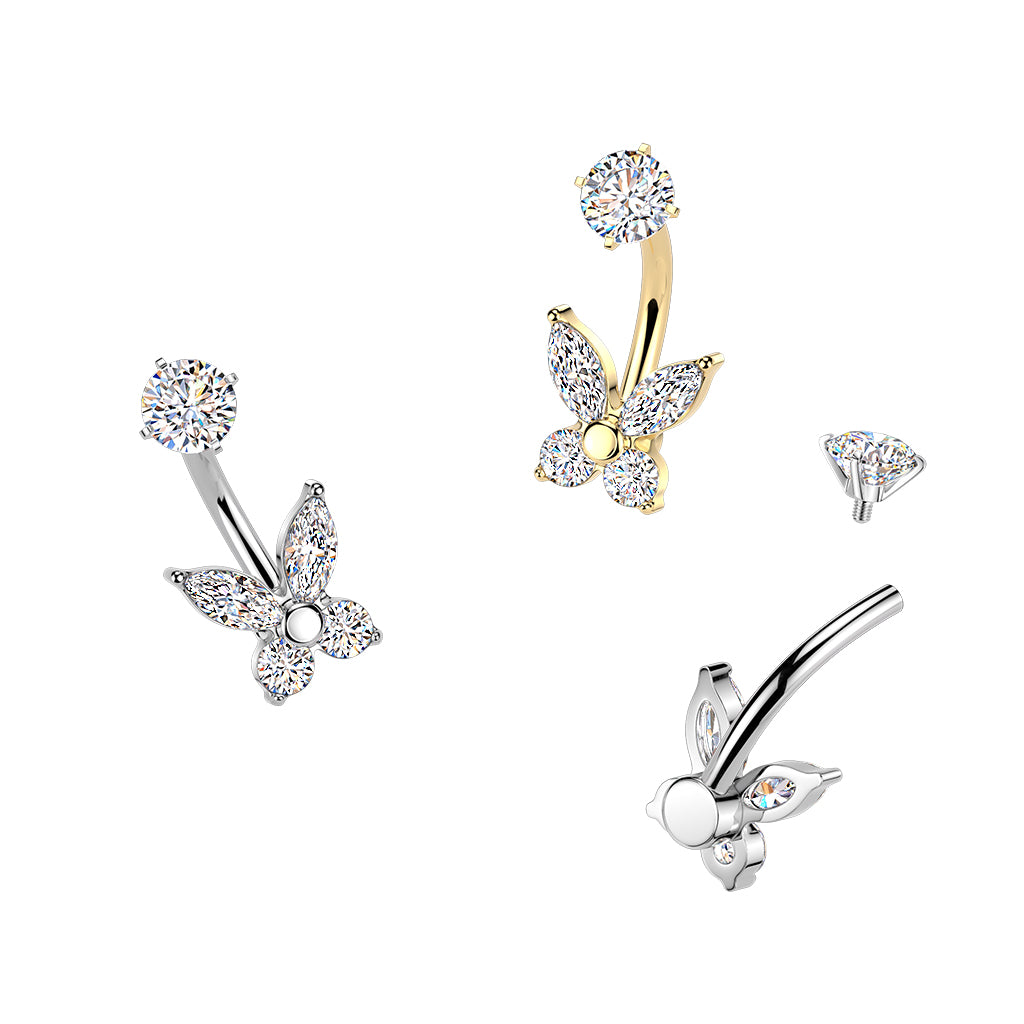 GOLD CRYSTAL BUTTERFLY  BELLY BAR - 14 GAUGE - 14MM
