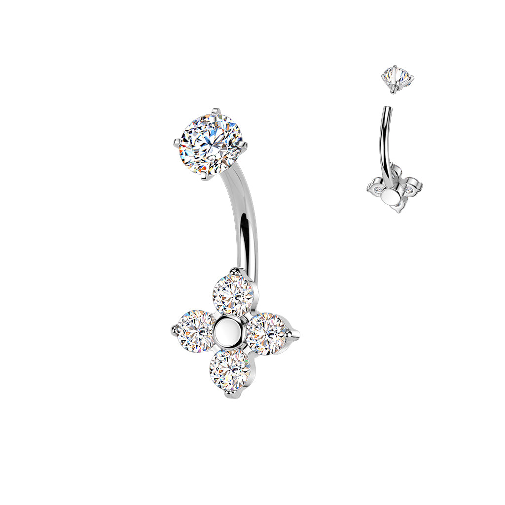 SILVER CRYSTAL CLOVER BELLY BAR - 14 GAUGE - 10MM