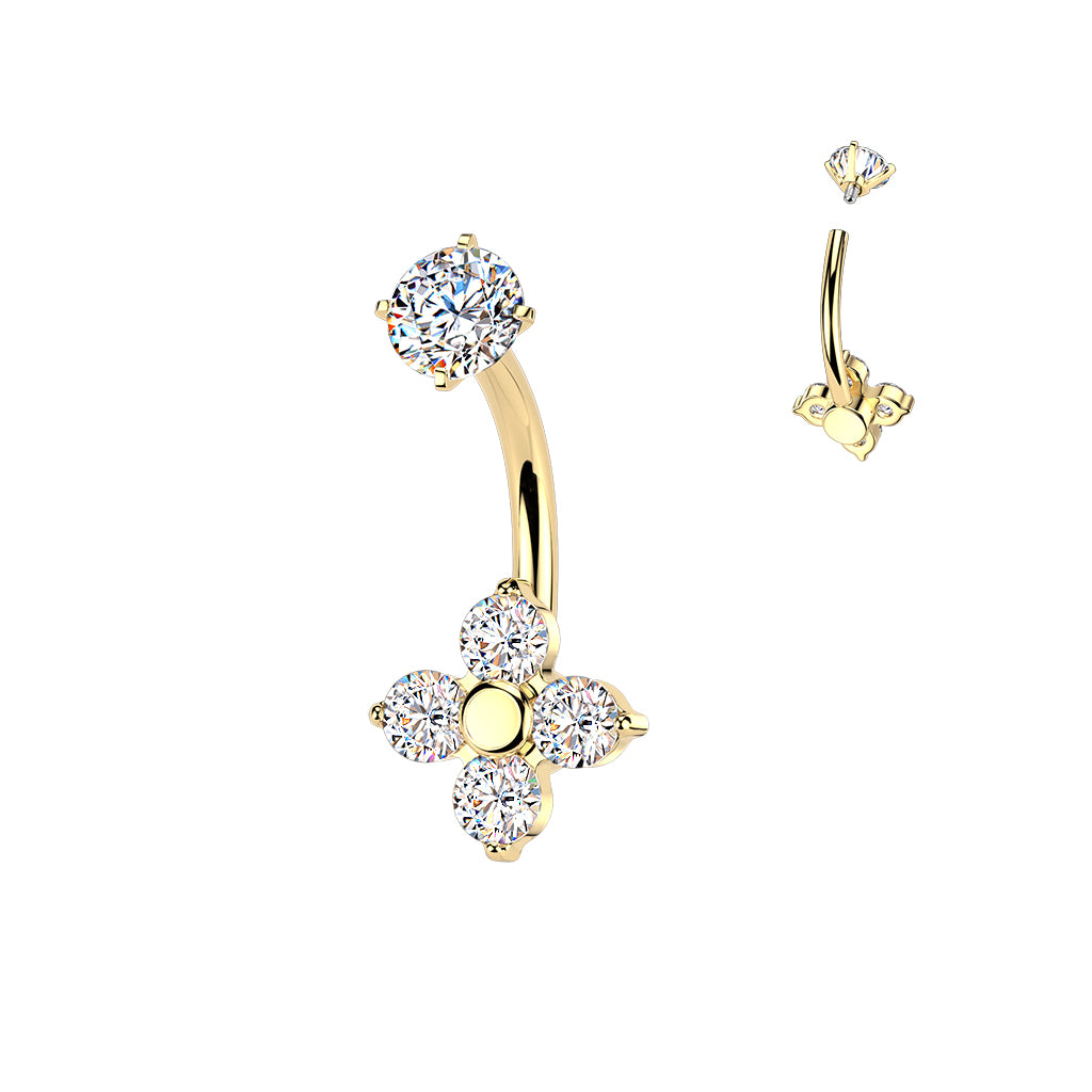 GOLD CRYSTAL CLOVER BELLY BAR - 14 GAUGE - 10MM
