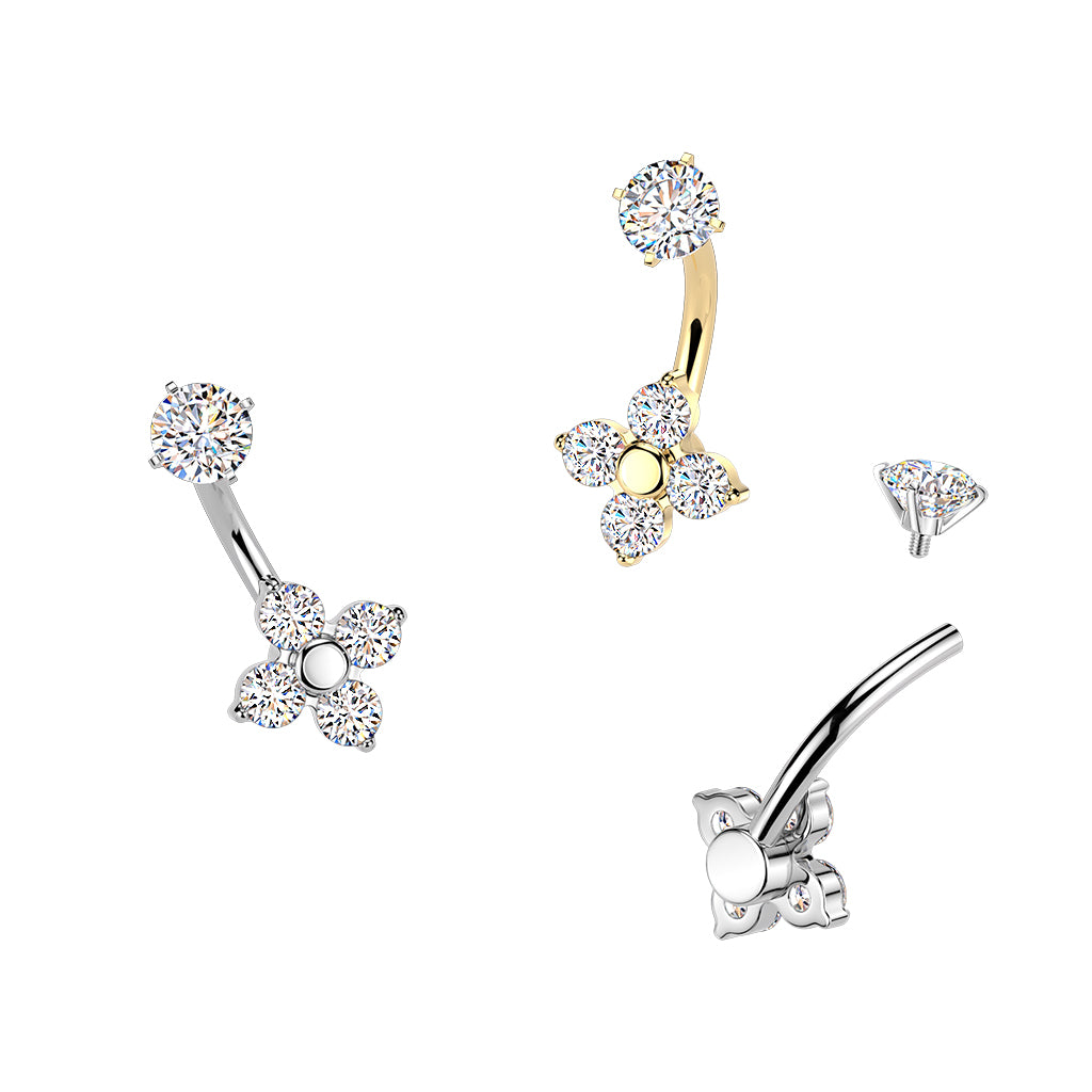 GOLD CRYSTAL CLOVER BELLY BAR - 14 GAUGE - 10MM