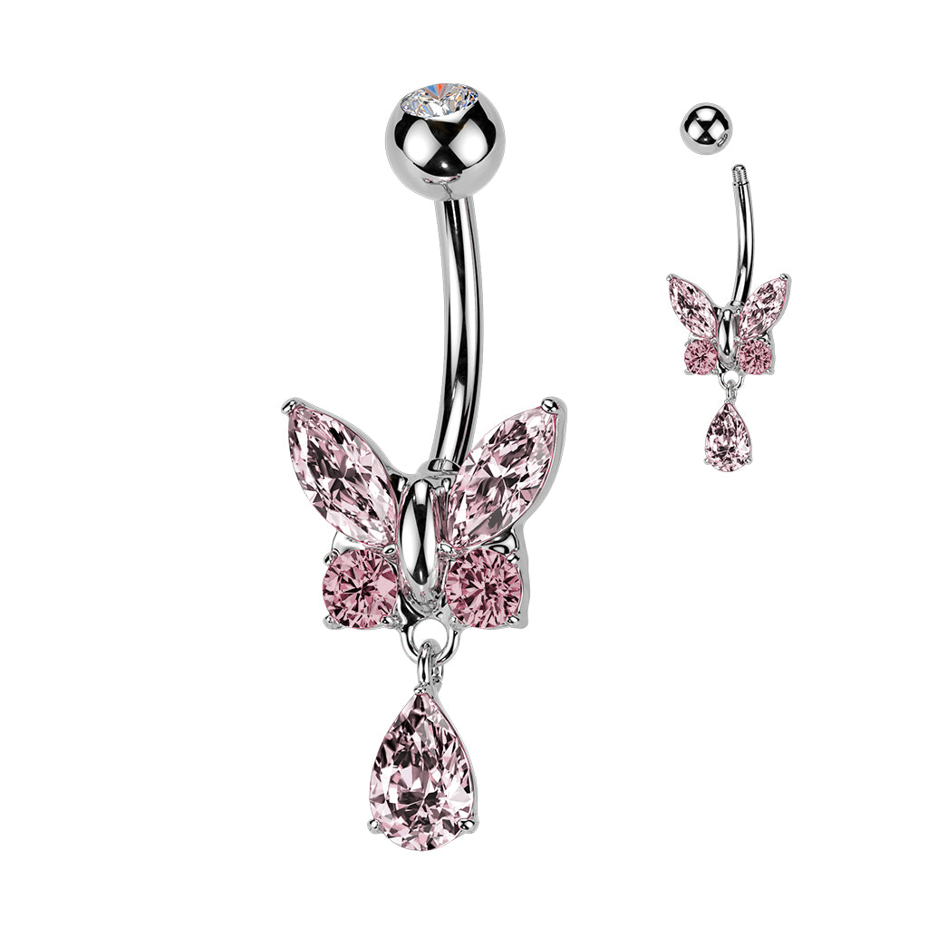 PINK BUTTERFLY CHARM BELLY BAR - 14 GAUGE - 10MM