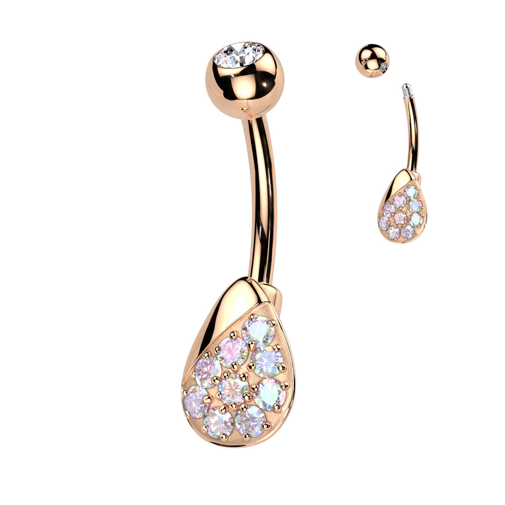 ROSE GOLD AURORA CRYSTAL TEARDROP BELLY BAR - 10MM - 14 GAUGE