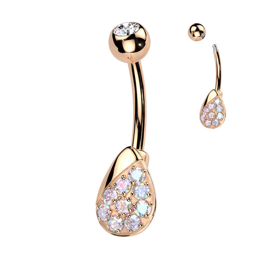 ROSE GOLD AURORA CRYSTAL TEARDROP BELLY BAR - 10MM - 14 GAUGE