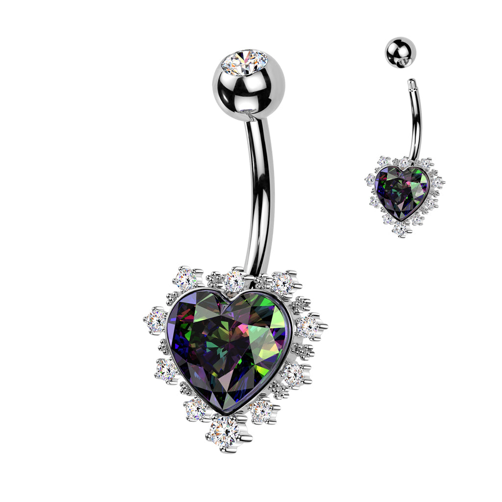 RAINBOW VITRAIL CRYSTAL LOVE HEART BELLY BAR - 10MM - 14 GAUGE