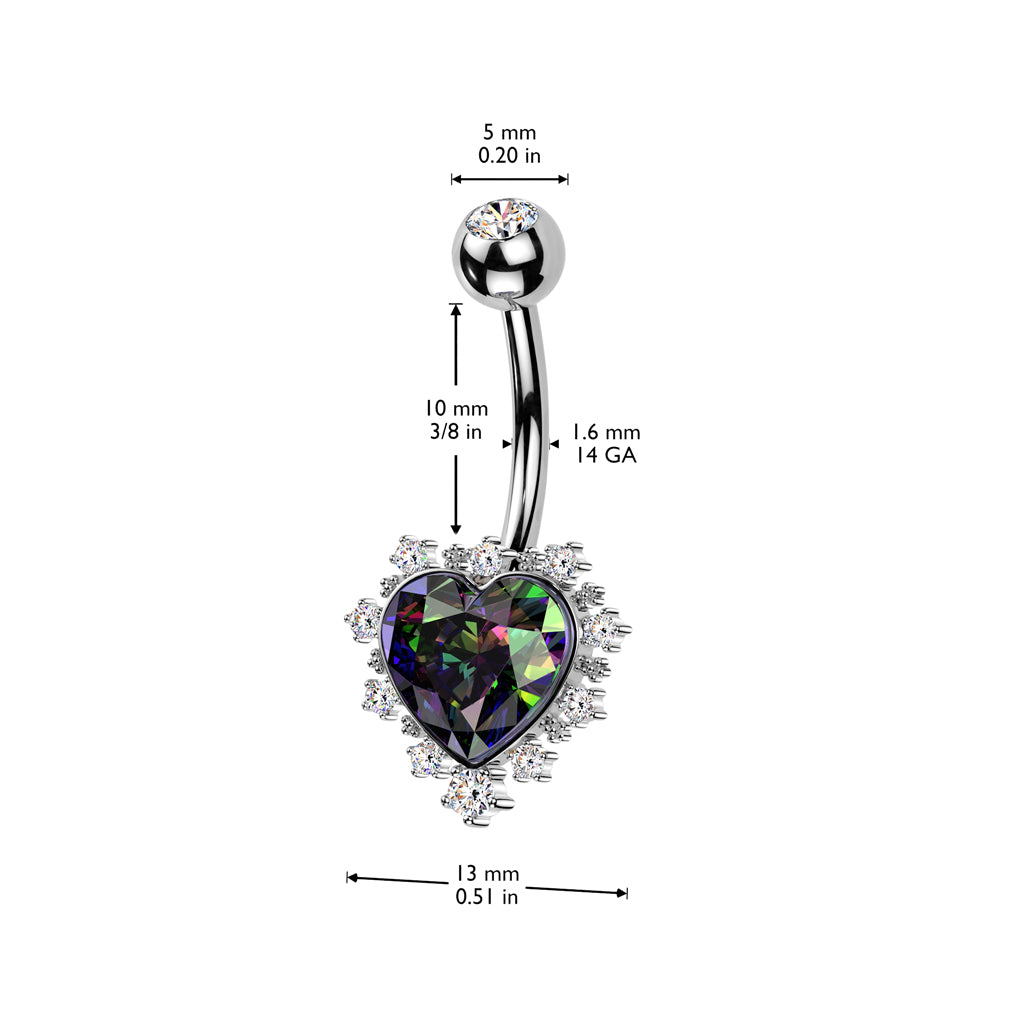 RAINBOW VITRAIL CRYSTAL LOVE HEART BELLY BAR - 10MM - 14 GAUGE