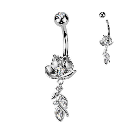 SILVER LOTUS FLOWER DANGLY CHARM BELLY BAR - 14 GAUGE - 10MM