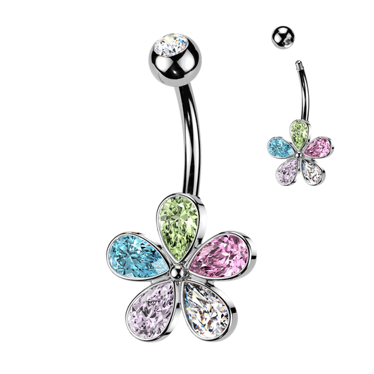 SILVER RAINBOW CRYSTAL FLOWER BELLY BAR - 14 GAUGE - 10MM