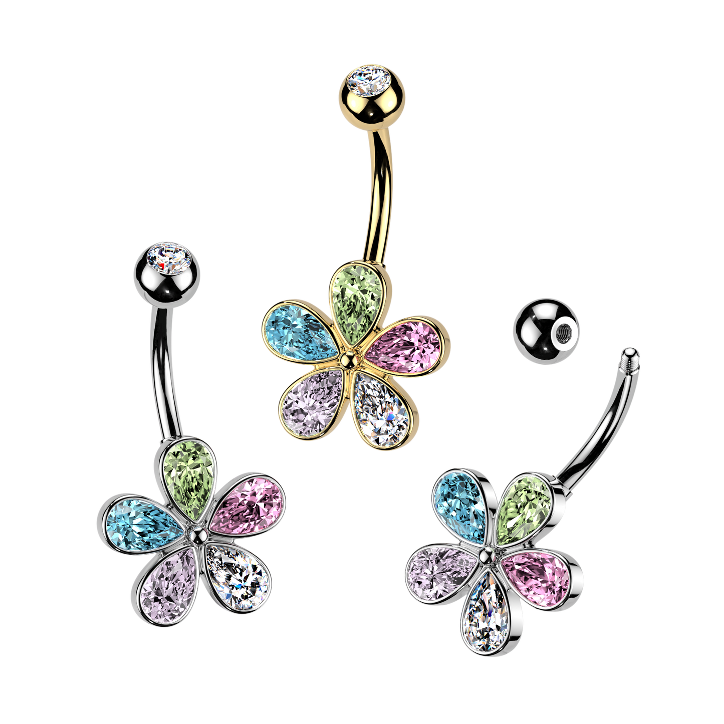 SILVER RAINBOW CRYSTAL FLOWER BELLY BAR - 14 GAUGE - 10MM