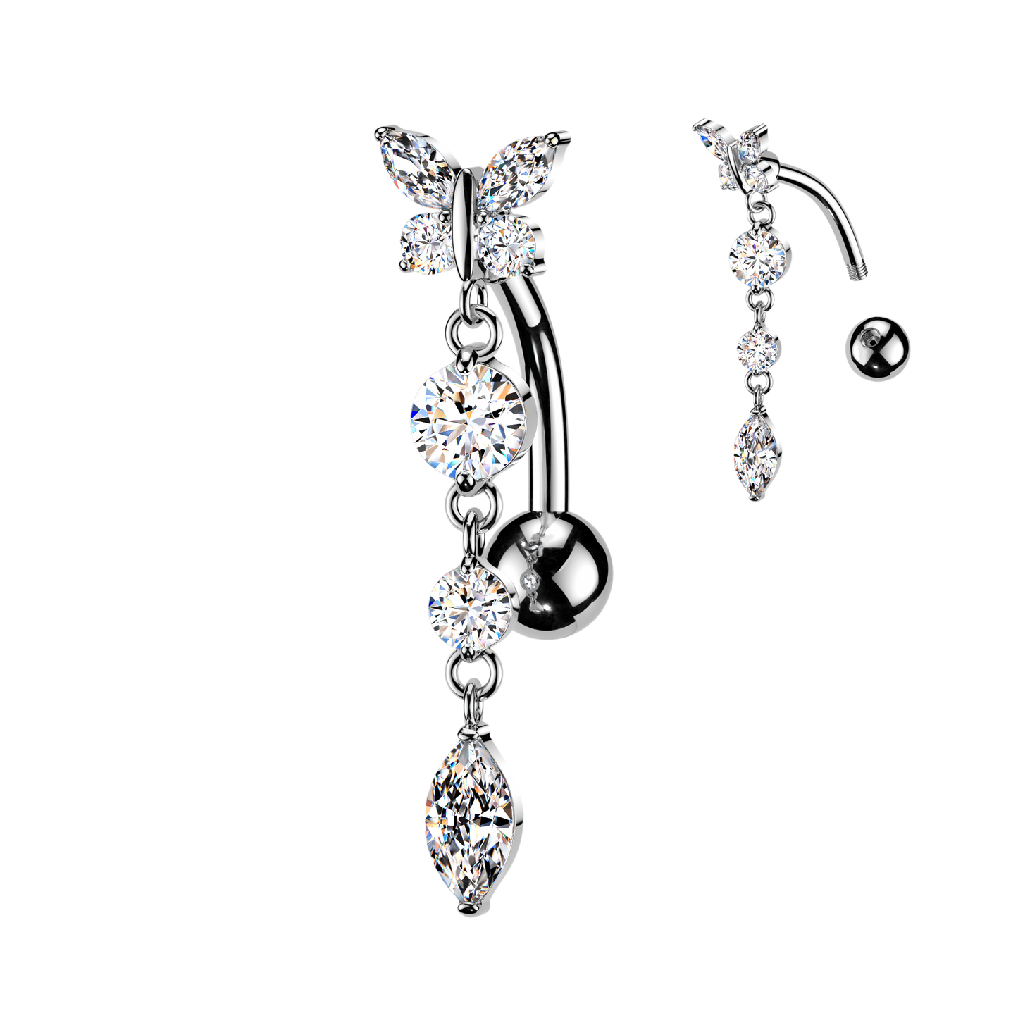 SILVER REVERSE DAINTY CRYSTAL BUTTERFLY BELLY BAR - 14 GAUGE - 10MM