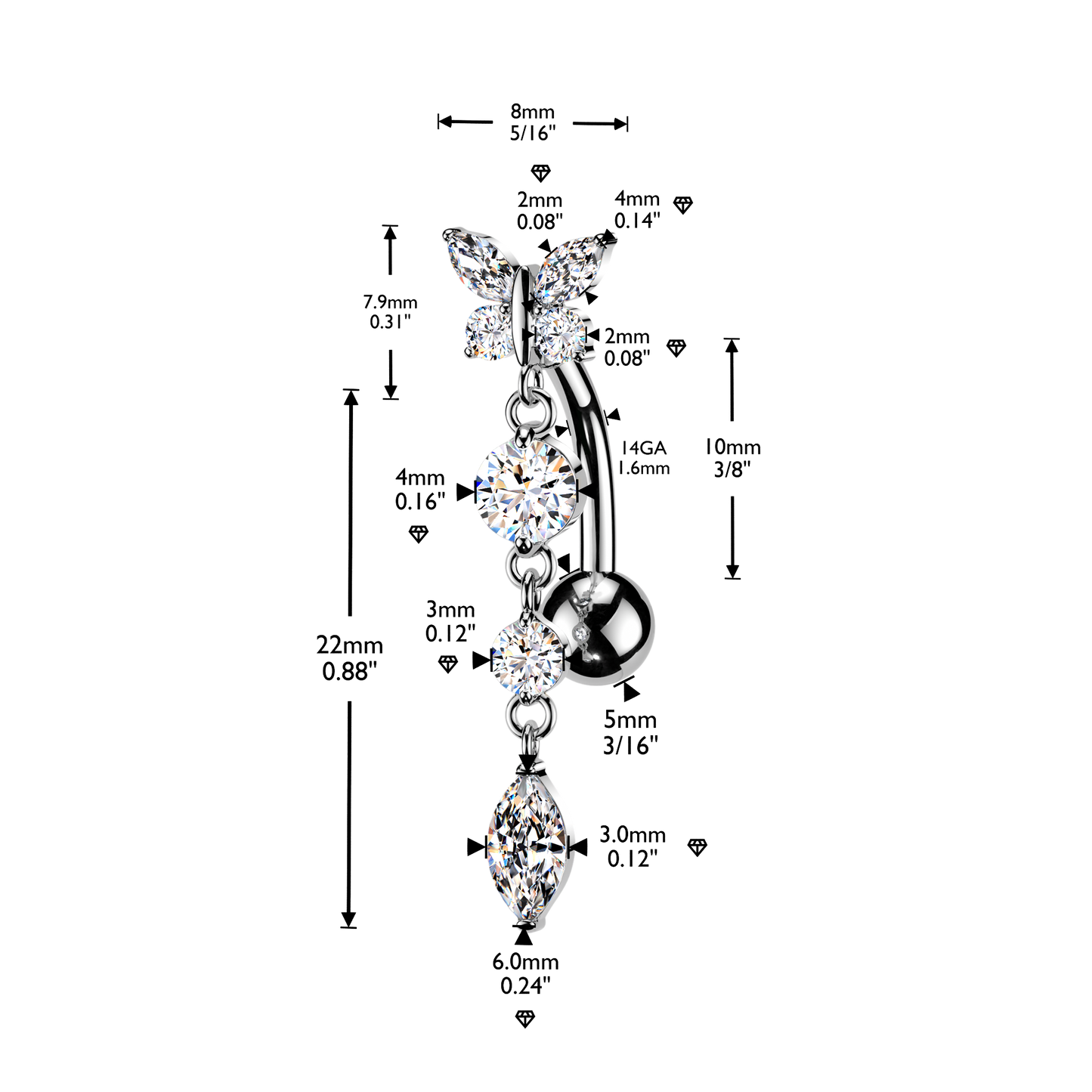 SILVER REVERSE DAINTY CRYSTAL BUTTERFLY BELLY BAR - 14 GAUGE - 10MM