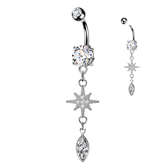 SILVER NORTHERN STAR CRYSTAL CHARM BELLY BAR - 14 GAUGE - 10MM