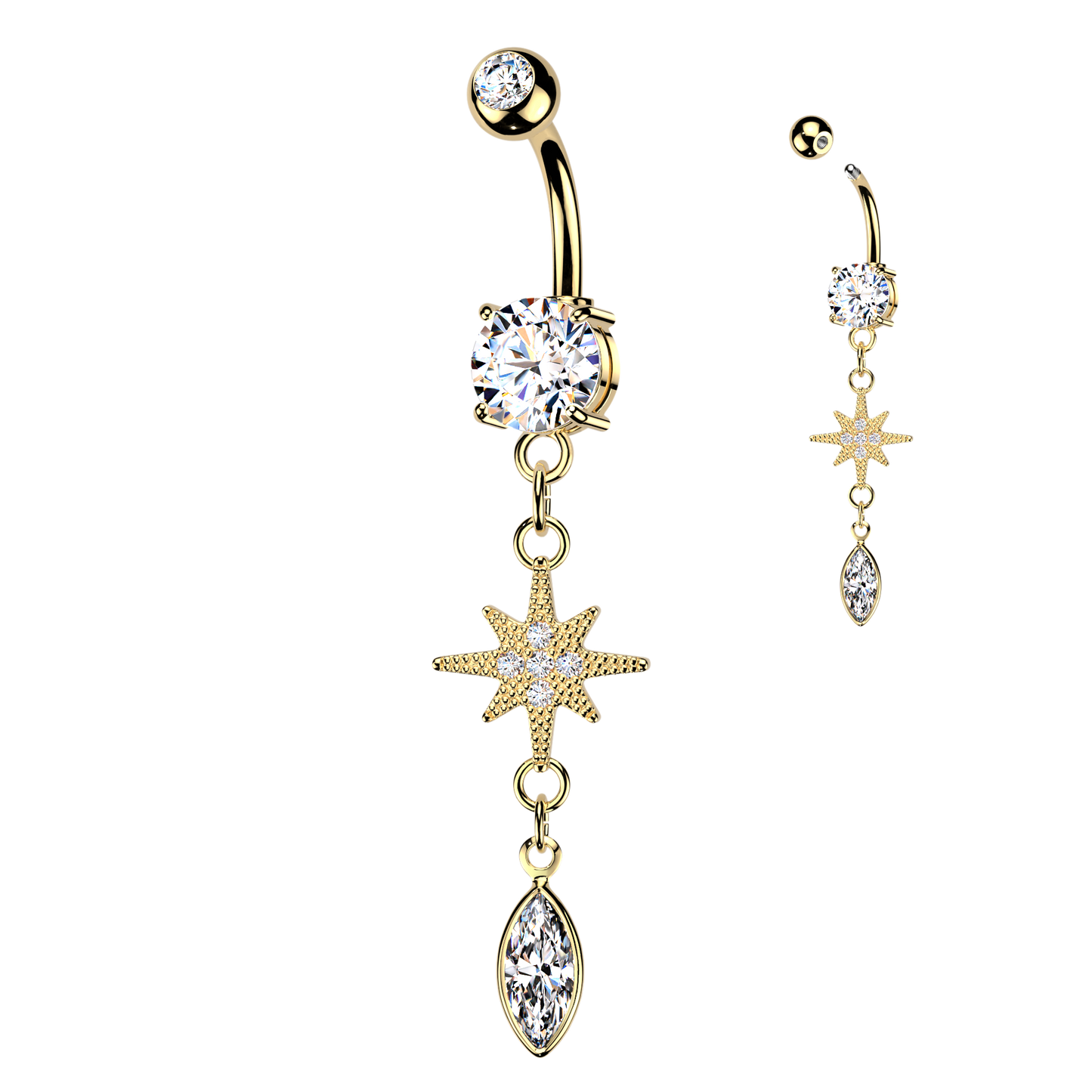 GOLD NORTHERN STAR CRYSTAL CHARM BELLY BAR - 14 GAUGE - 10MM
