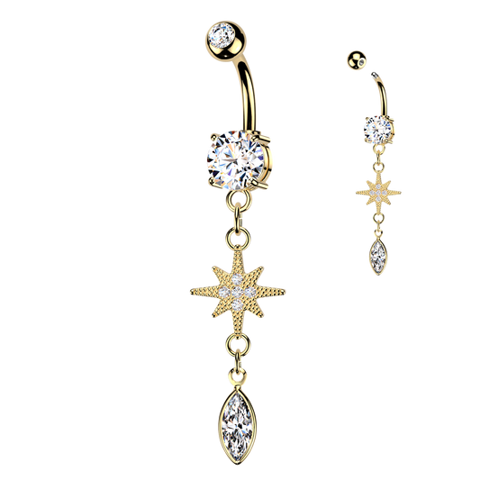 GOLD NORTHERN STAR CRYSTAL CHARM BELLY BAR - 14 GAUGE - 10MM